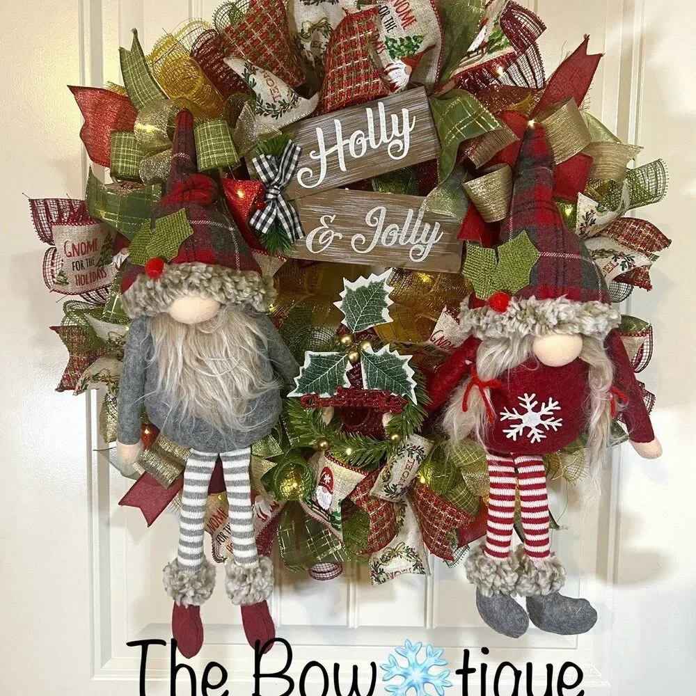 Handmade Winter Holly Berry Gnome Holiday Ribbon Door Wreath 22 ins W73